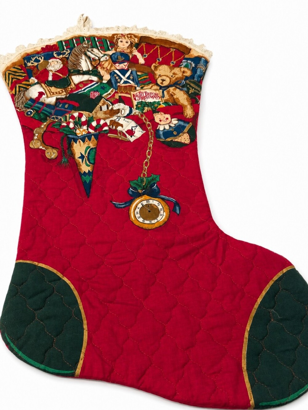 Vintage Giant Christmas Stocking 29” Handmade Quilted Toy Shop Santa Teddy Bear
